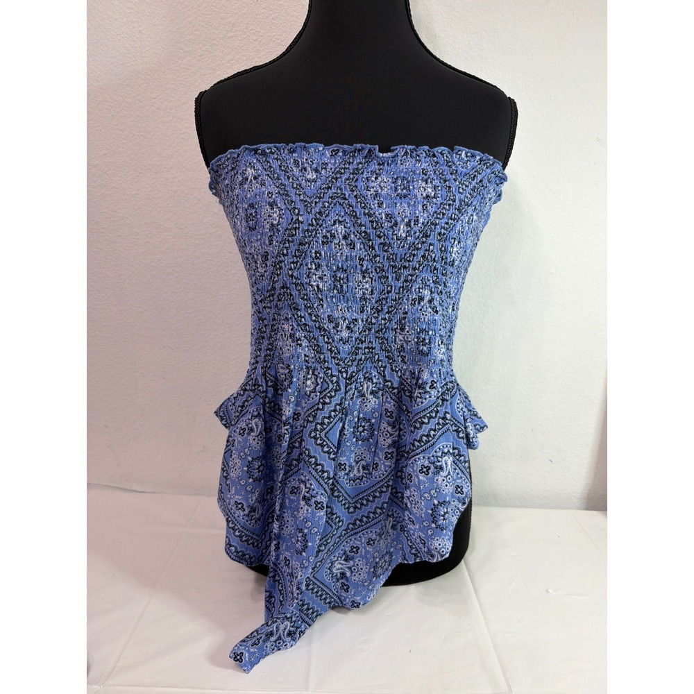 Blue Bandana Paisley Smocked Tube Top Asymmetrical Peplum Strapless Boho
